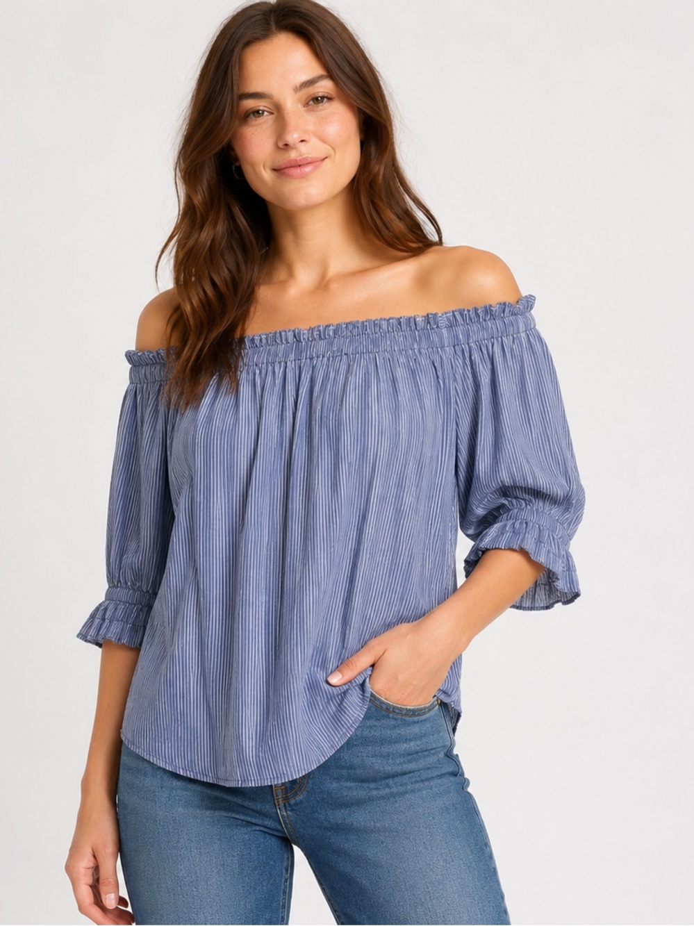 Blue & White Striped Off-the-Shoulder Blouse | Size Large
